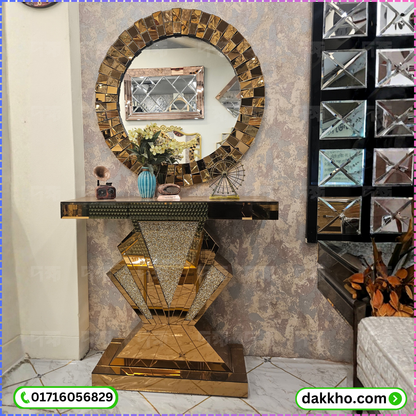 Modern Mirrored Entryway Table - Crushed Diamond Geometric Console