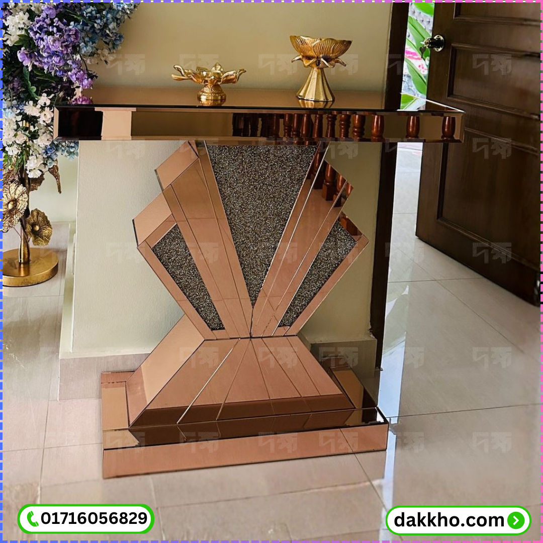 Modern Mirrored Entryway Table - Crushed Diamond Geometric Console