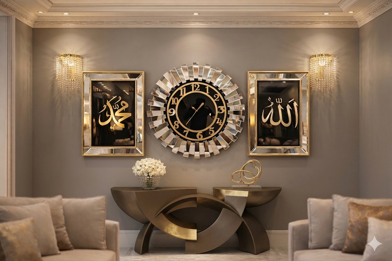 Mirror Wall Clock with Calligraphy
